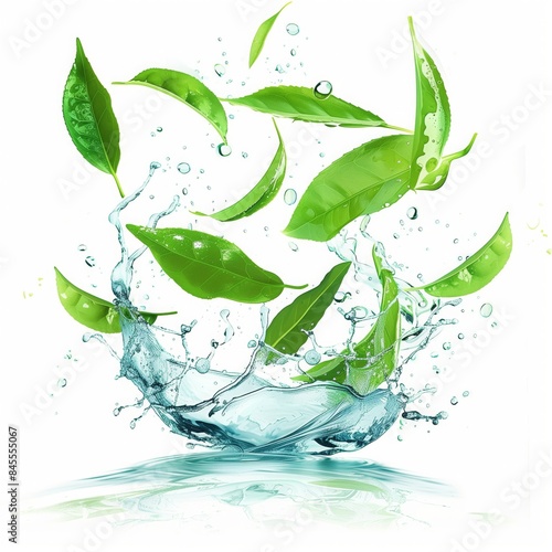 Vibrant green leaves splashing in crystal clear water, perfect for illustrating freshness, purity, and natural energy in eco-friendly and hydration-themed projects.