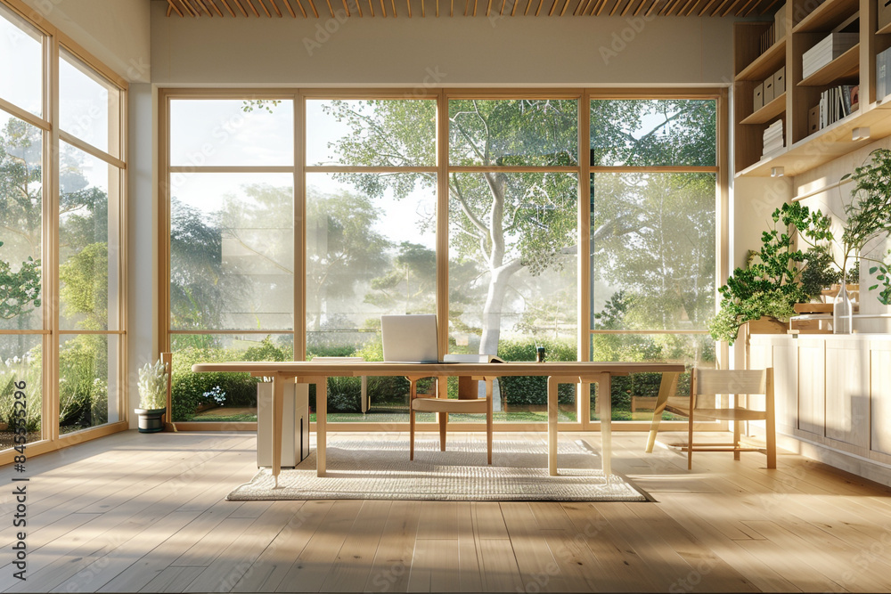Fototapeta premium A serene study room with a Scandinavian design, light wood furniture, and large windows providing a view of the outdoors.