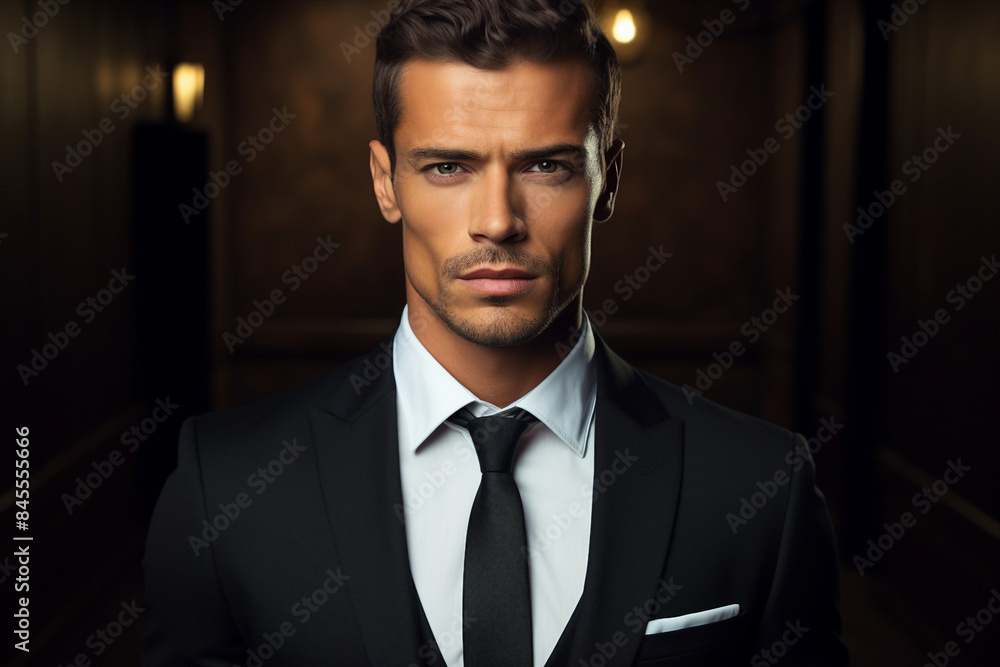 Generative AI illustration of young confident elegant man in suit Generative AI illustration of young confident elegant man in suit