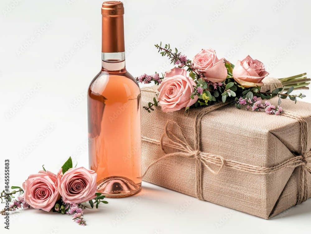A bottle of wine is next to a box of flowers A bottle of wine is next to a box of flowers