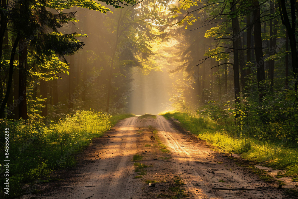 Obraz premium Picture of summer sunrise in green forest AI generative