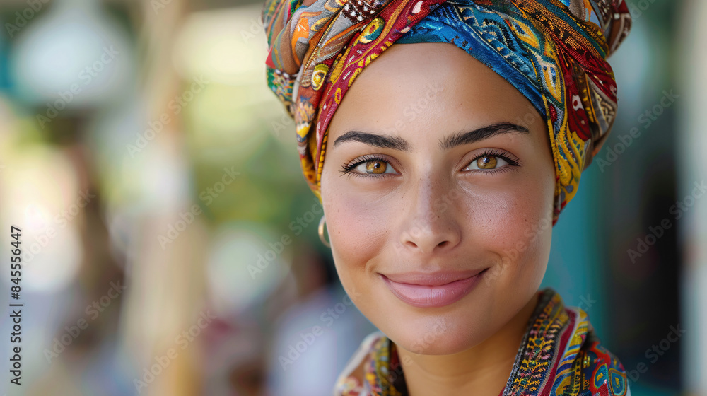 Fototapeta premium Attractive Arab woman in a colorful turban, smiling and looking at the camera, closeup portrait