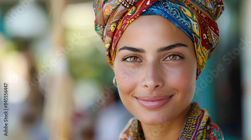 Attractive Arab woman in a colorful turban, smiling and looking at the camera, closeup portrait