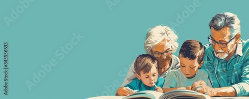 A family of four is sitting together and reading a book. Concept of togetherness and bonding, as the family members share a common activity. The blue background adds a calming photo