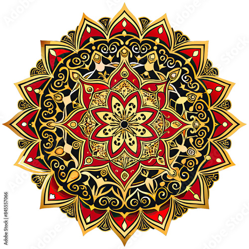 A detailed mandala with gold and red intricate patterns, inspired by Islamic art. Generative AI