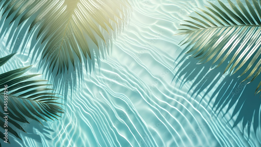 Background texture: reflection of a palm tree in the turquoise sea. Shadows of palm leaves on blue water. Background texture: reflection of a palm tree in the turquoise sea. Shadows of palm leaves on blue water.