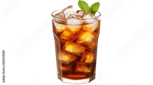 Photograph of a glass of mint iced tea with condensation droplets