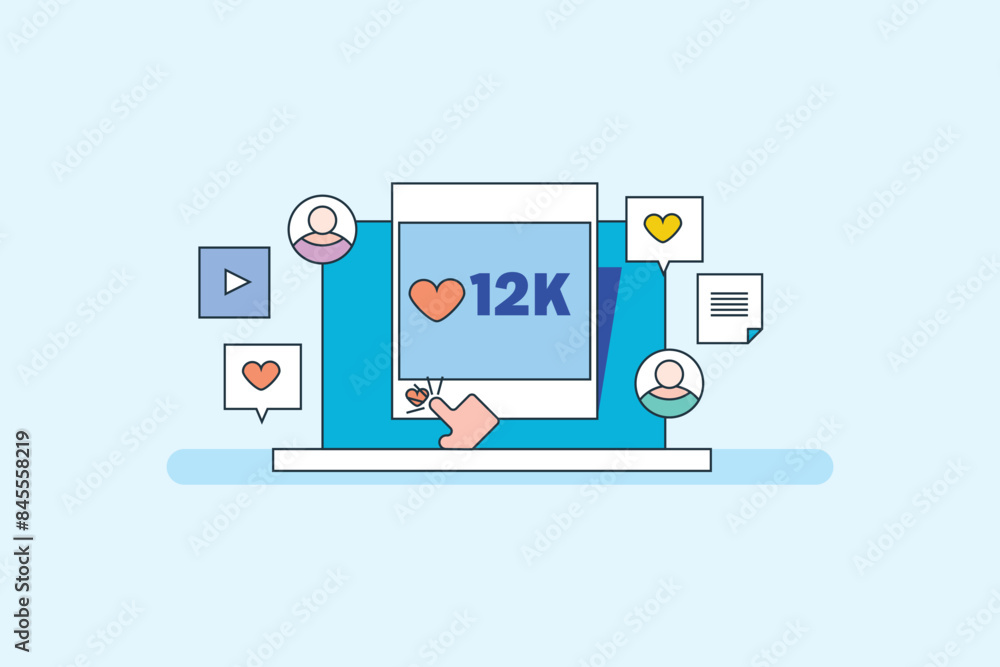 Counting social media likes for ad campaign. Ad campaign for brand awareness creation, Social media like, share and comments. Vector illustration background. Counting social media likes for ad campaign. Ad campaign for brand awareness creation, Social media like, share and comments. Vector illustration background.