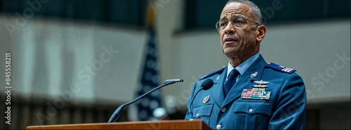 An African American air force general delivering a speech at a podium.