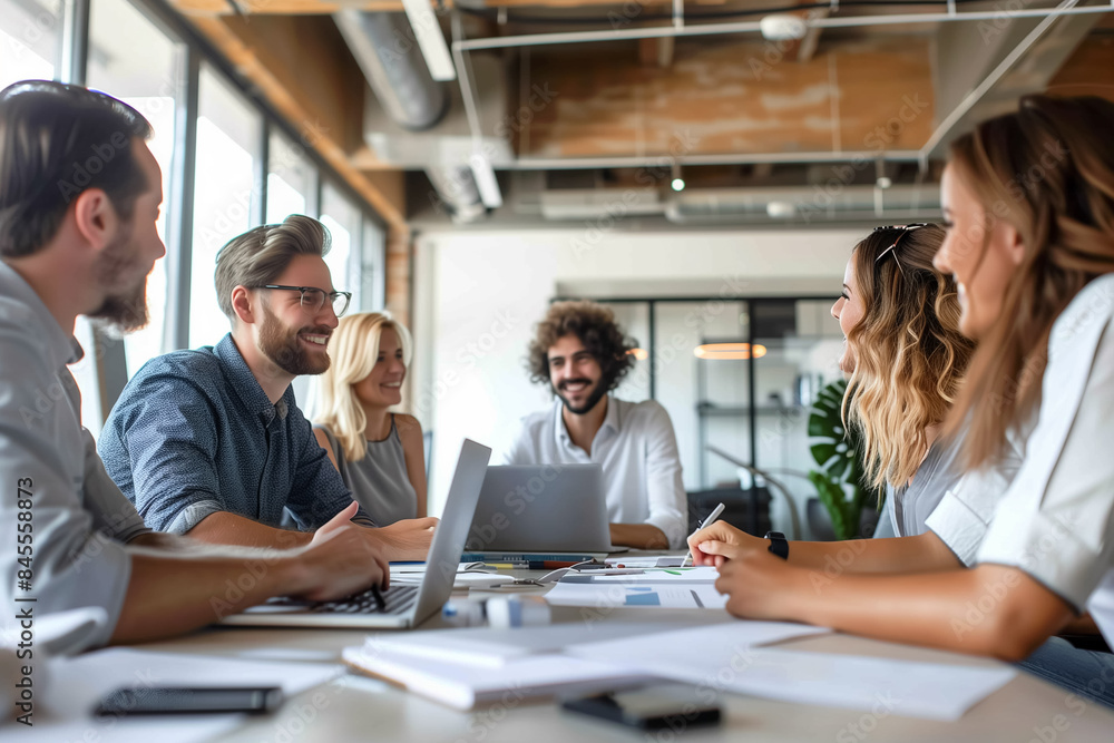 Diverse business people having a team meeting in an office. Group of happy business professionals sitting around a table and having a discussion. Generative AI Diverse business people having a team meeting in an office. Group of happy business professionals sitting around a table and having a discussion. Generative AI