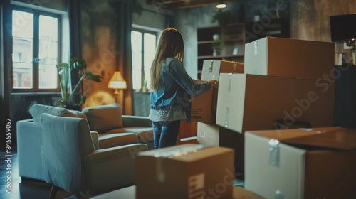 A young woman is moving into her new apartment, carefully unboxing and setting up various boxes of furniture and home appliances in the living room area