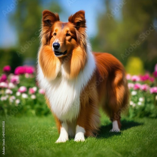 A Scottish Shepherd stands on a green lawn against a background of flower beds