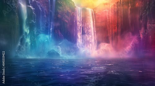 surreal waterfall in vibrant colors with floating droplets