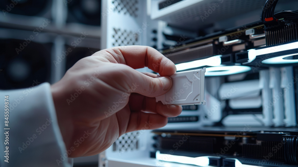 Hand installing hardware in a server rack. Hand installing hardware in a server rack.