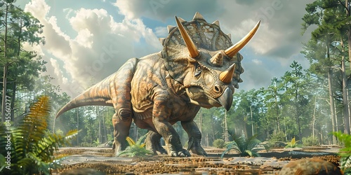 Triceratops in prehistoric landscape during the dinosaur era on Earth. Concept Prehistoric Dinosaurs, Triceratops, Dinosaur Era, Landscapes, Earth