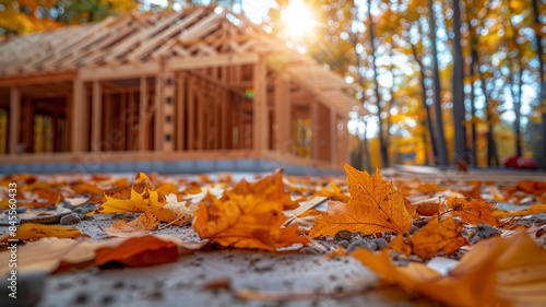 Unfinished wooden house frame with autumn leaves