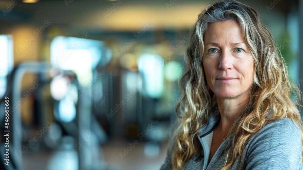 A cheerful beautiful smiling middle-aged Caucasian woman in a tracksuit looks at the camera while in the gym. copyspace on the left A cheerful beautiful smiling middle-aged Caucasian woman in a tracksuit looks at the camera while in the gym. copyspace on the left
