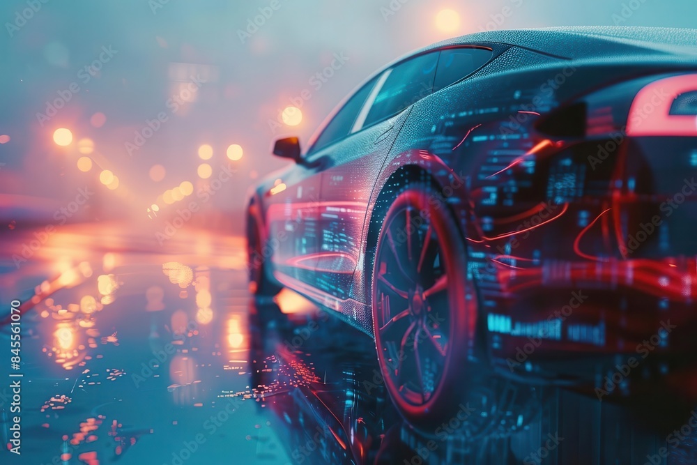 Futuristic sports car on a rainy city street at night, illuminated by glowing streetlights and reflecting neon lights off the wet pavement.