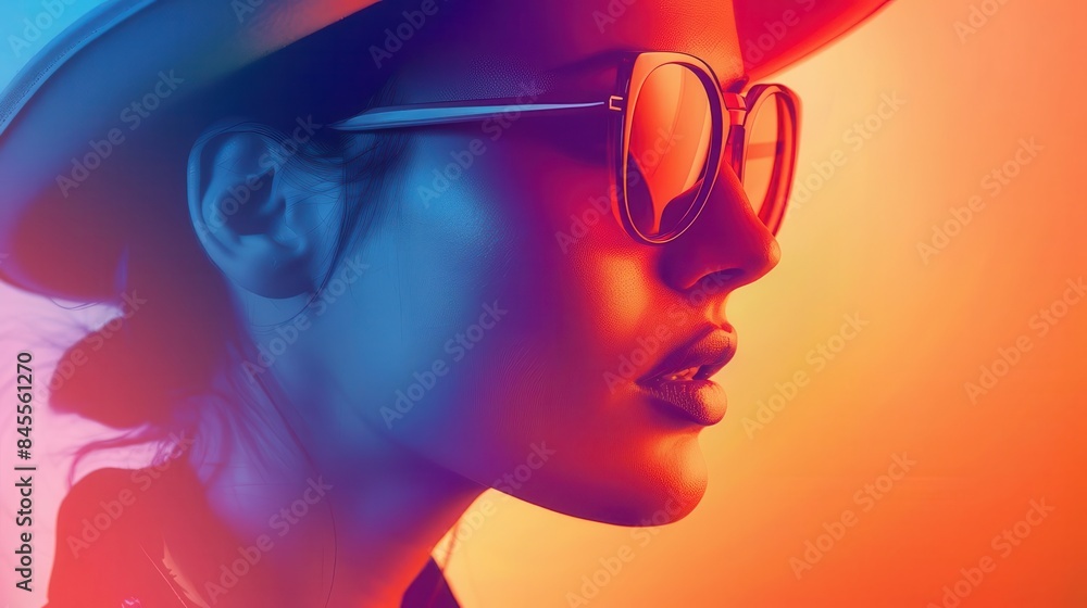 Stylish woman in glasses and hat with neon gradient. Modern fashion, glamour, urban aesthetics, side profile in vibrant color light effect. Stylish woman in glasses and hat with neon gradient. Modern fashion, glamour, urban aesthetics, side profile in vibrant color light effect.