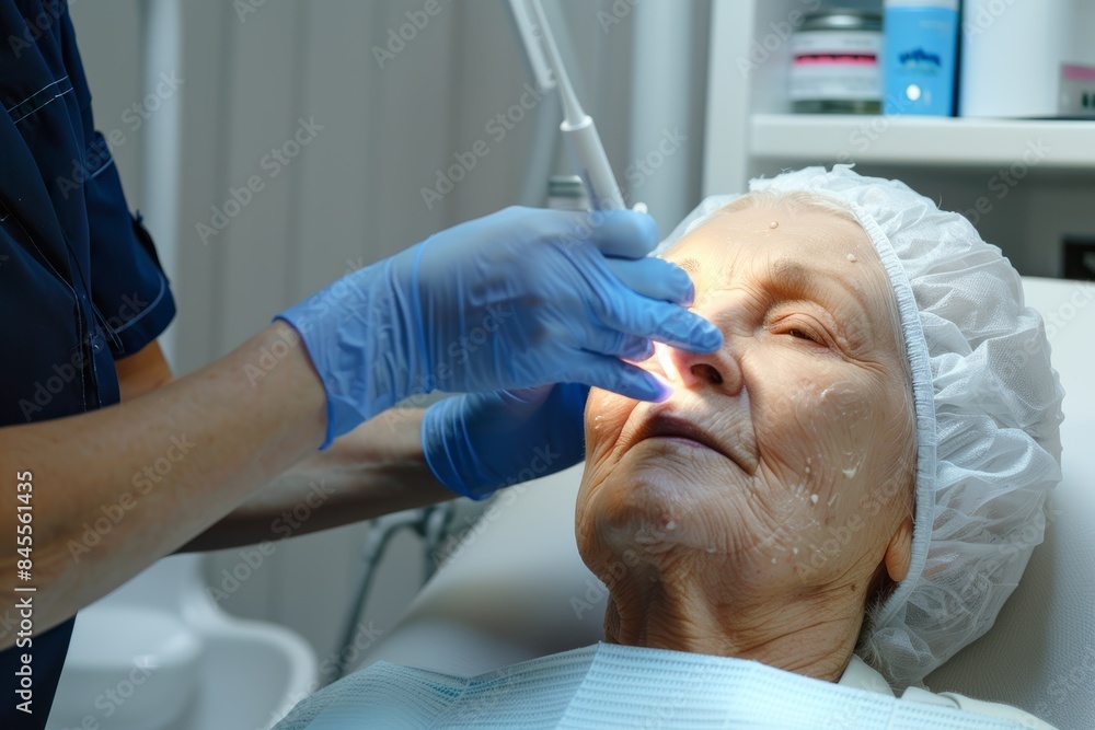 Elderly Woman Receiving Professional Skincare Treatment at Clinical Setting Elderly Woman Receiving Professional Skincare Treatment at Clinical Setting