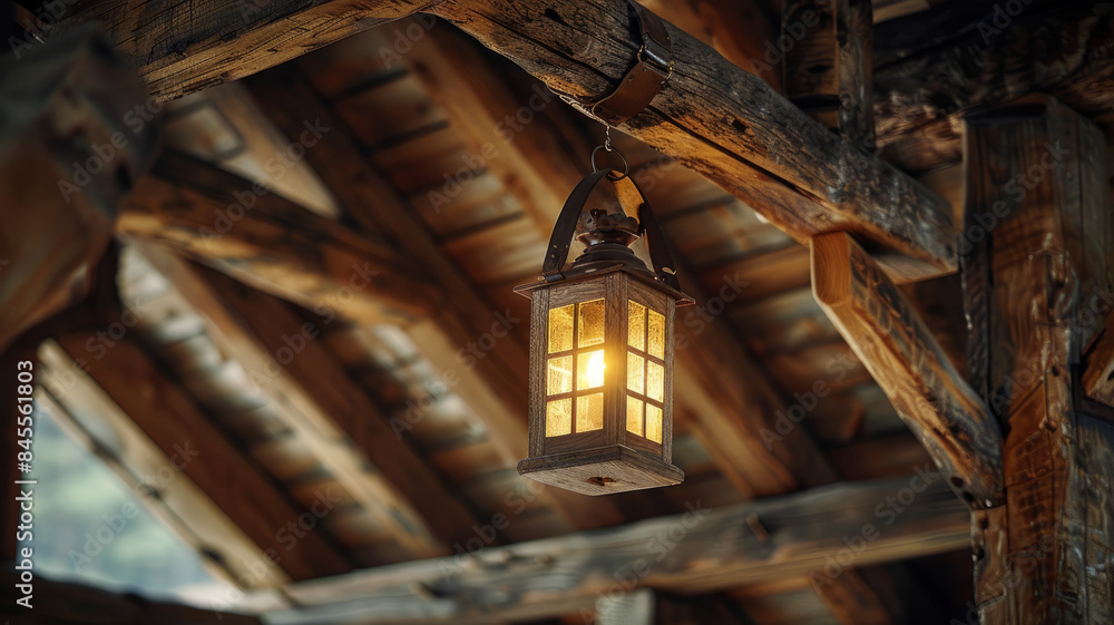 Wooden cabin interior with hanging lantern.