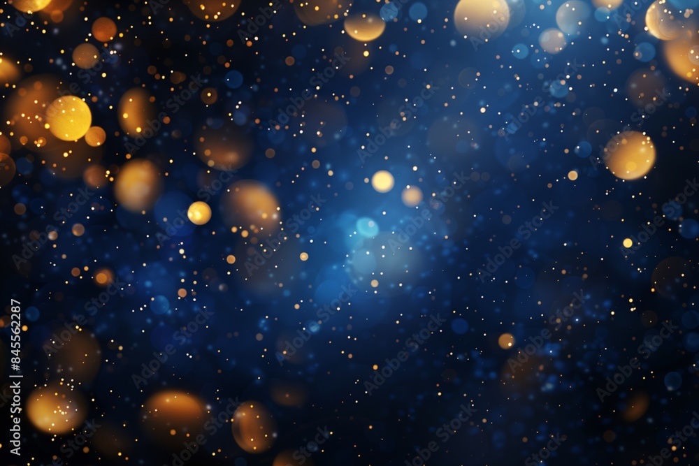 Obraz premium Abstract background featuring a dark blue backdrop with gold particles scattered throughout creating a cosmic and luxurious visual effect