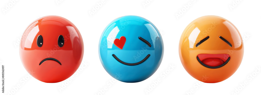 A set of emoji icons expressing happy, sad, and neutral emotions on a transparent background. A set of emoji icons expressing happy, sad, and neutral emotions on a transparent background.