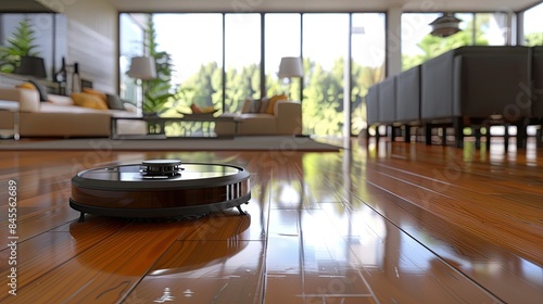 A floor-cleaning robot gliding over a polished wooden floor in a contemporary open-plan home.