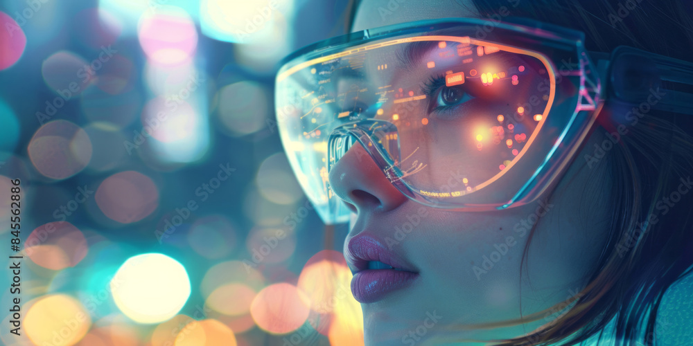 A closeup of a woman wearing futuristic goggles, with holographic data overlaying her face, is set against a backdrop with blurred cityscape lights. A closeup of a woman wearing futuristic goggles, with holographic data overlaying her face, is set against a backdrop with blurred cityscape lights.