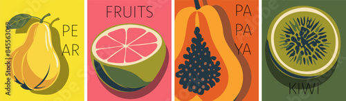 Kiwi, papaya, pear, and lime fruits are artistically rendered in a vector minimalist geometric flat illustration. These abstract, summery, tropical fruits and berries are ideal for posters, labels