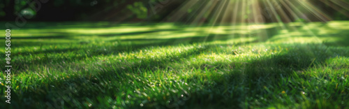 Beautiful grass with stripes of sunlight shining through, perfect for sports events or outdoor activities, creates an atmosphere of energy and vitality against a lush lawn background.