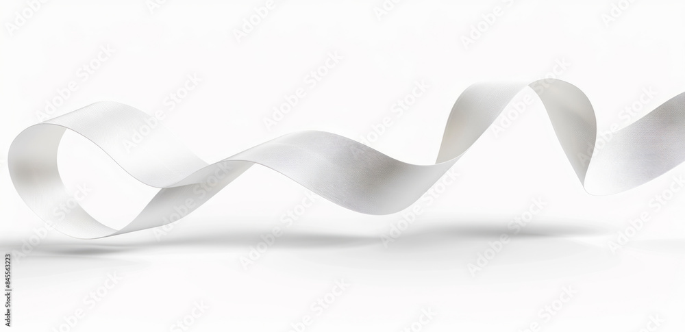 A white ribbon, curved and floating in the air, is isolated on a white backdrop. A white ribbon, curved and floating in the air, is isolated on a white backdrop.