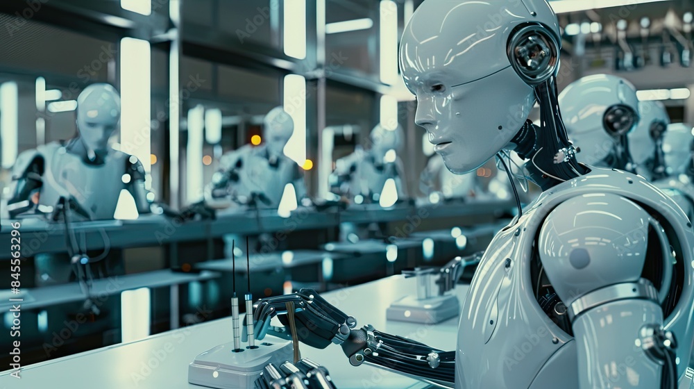 A group of AI robots learning and interacting in a state-of-the-art laboratory. A group of AI robots learning and interacting in a state-of-the-art laboratory.