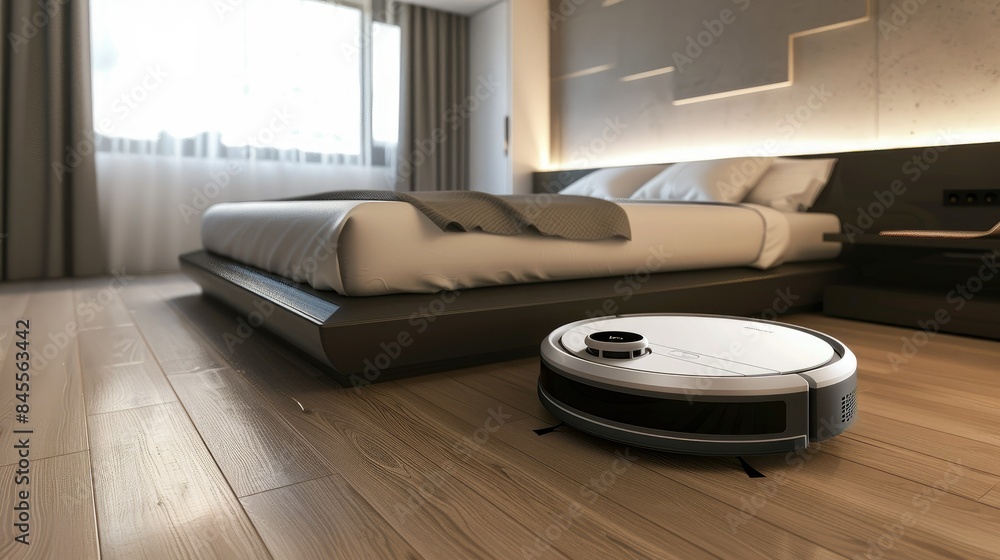 A high-tech floor-cleaning robot vacuuming under a bed in a minimalist bedroom. A high-tech floor-cleaning robot vacuuming under a bed in a minimalist bedroom.
