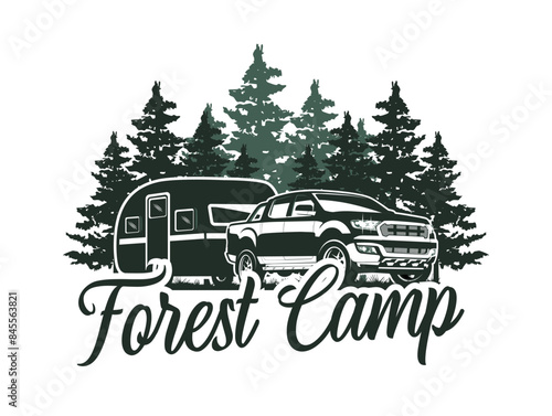 The double cabin car attracts a camping caravan with a pine forest background, used for the logo of adventurers and seasonal camping.