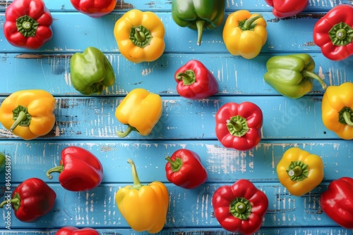 Colorful bell peppers on a distressed blue wooden background