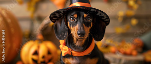 Dachshund dog with Halloween Costume with blurred pumpkin background with copy space