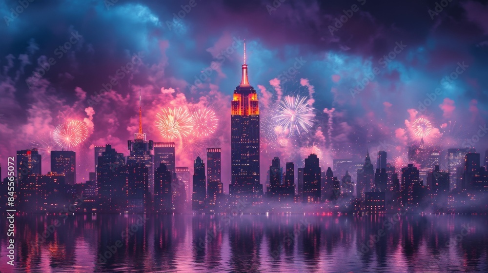 Fireworks Over City: Stunning display of fireworks lighting up the night sky over an American city. The city buildings are illuminated by the bursts of color, creating a vibrant and patriotic scene. Fireworks Over City: Stunning display of fireworks lighting up the night sky over an American city. The city buildings are illuminated by the bursts of color, creating a vibrant and patriotic scene.