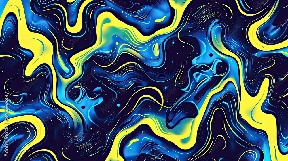 Abstract neon yellow and blue wavy lines and shapes in a bright, playful pattern. Abstract neon yellow and blue wavy lines and shapes in a bright, playful pattern.