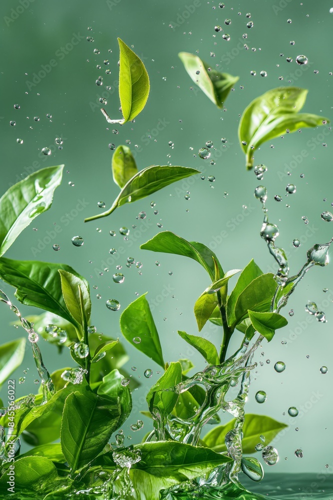 Vibrant green leaves with fresh water droplets in sunlight. Tea leaves abstract background. Vibrant green leaves with fresh water droplets in sunlight. Tea leaves abstract background.