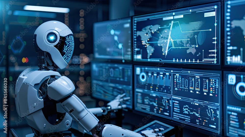 Advanced system performing data analysis on a sleek desktop setup, highlighting machine learning. Advanced system performing data analysis on a sleek desktop setup, highlighting machine learning.