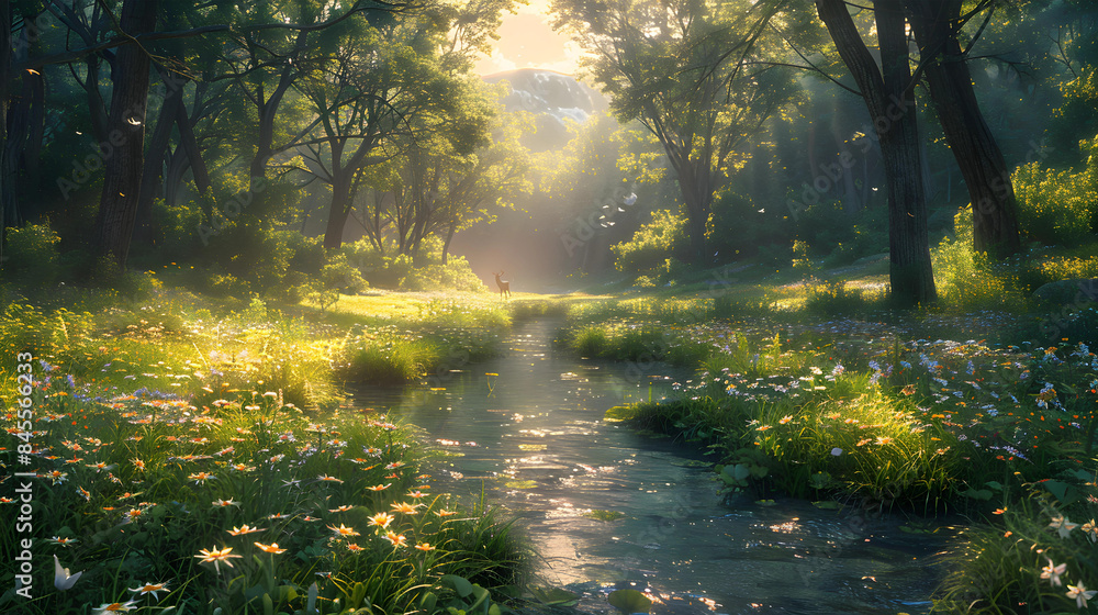 Fototapeta premium A tranquil forest clearing bathed in soft, golden sunlight filtering through the canopy. Wildflowers in full bloom dot the grassy floor, and a crystal-clear stream gently flows through the scene. Bird