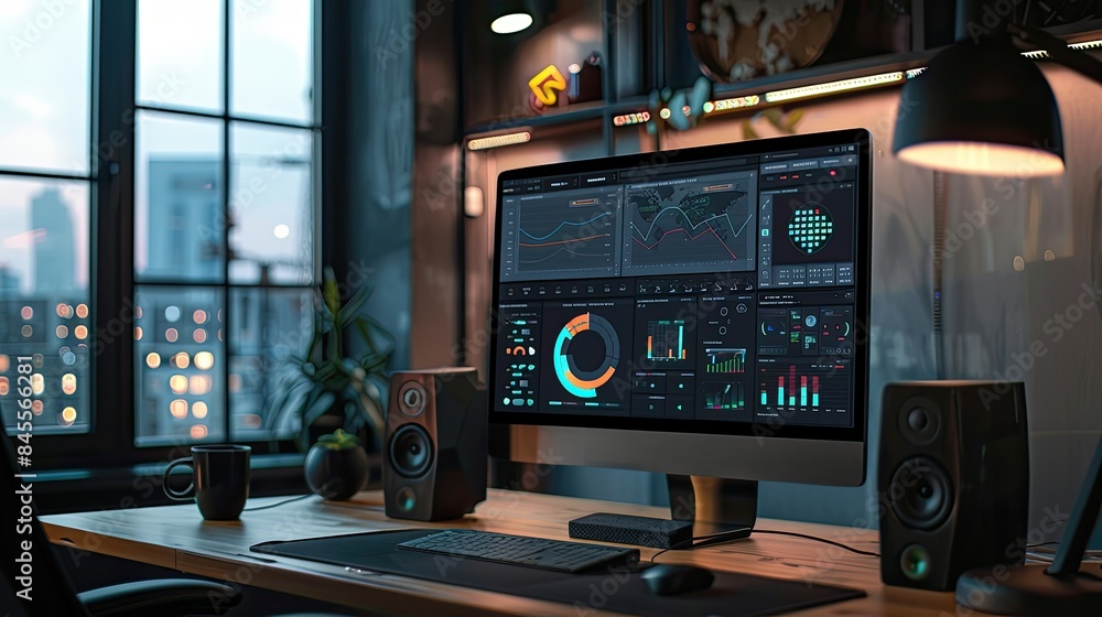 Fototapeta premium monitoring social media analytics on a sleek desktop setup, with real-time data updates.