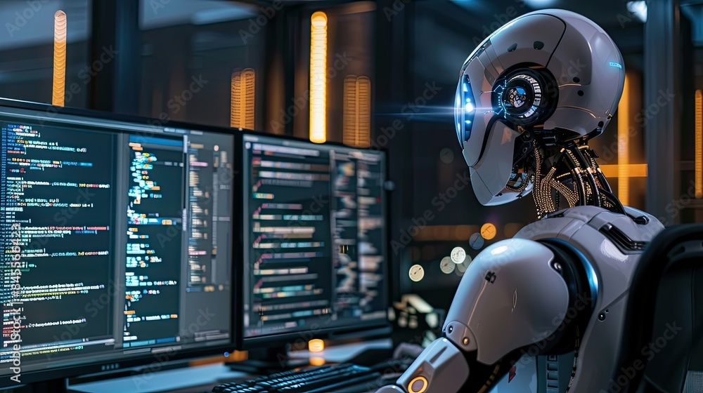 robot developing mobile applications on a dual-screen workstation, with code and previews displayed. robot developing mobile applications on a dual-screen workstation, with code and previews displayed.