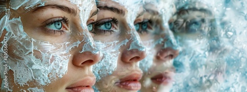 A woman's face is covered in ice, with her eyes closed. The image is a close up of the woman's face, and it is a frozen or icy look