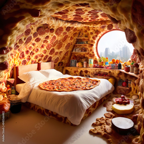 Bed room made with pizza,loaded cheese,bell peppers and vegetables photo