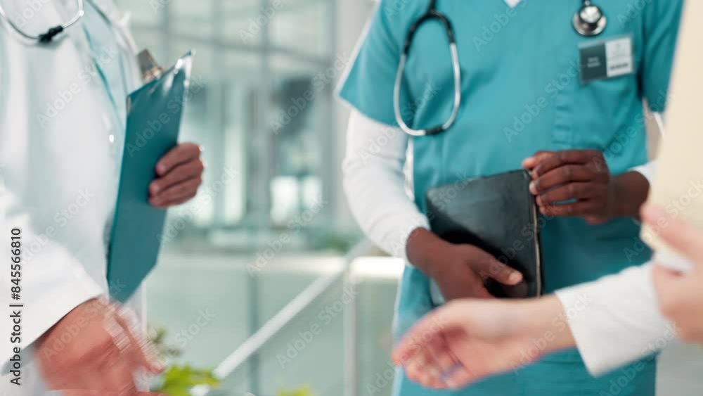 Nurse, doctor and shaking hands for hospital meeting, support and welcome with introduction to staff. Medical people with group handshake for teamwork, hello and onboarding in health care or clinic Nurse, doctor and shaking hands for hospital meeting, support and welcome with introduction to staff. Medical people with group handshake for teamwork, hello and onboarding in health care or clinic