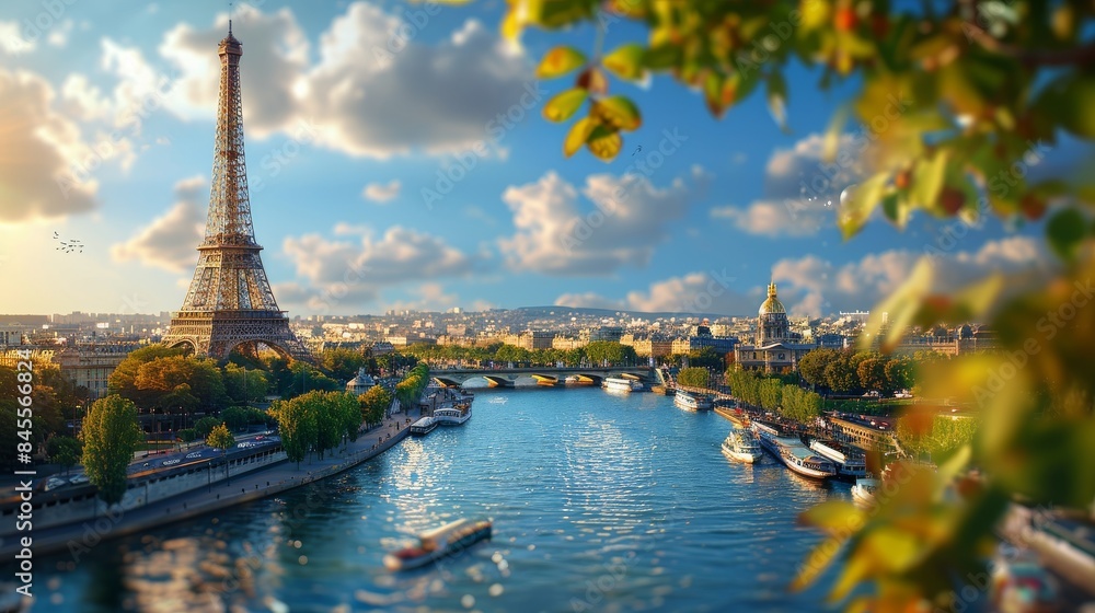 Fototapeta premium The Eiffel Tower in Paris, France, with a beautiful river running through the city. The water is calm and the sky is clear, creating a serene and picturesque scene