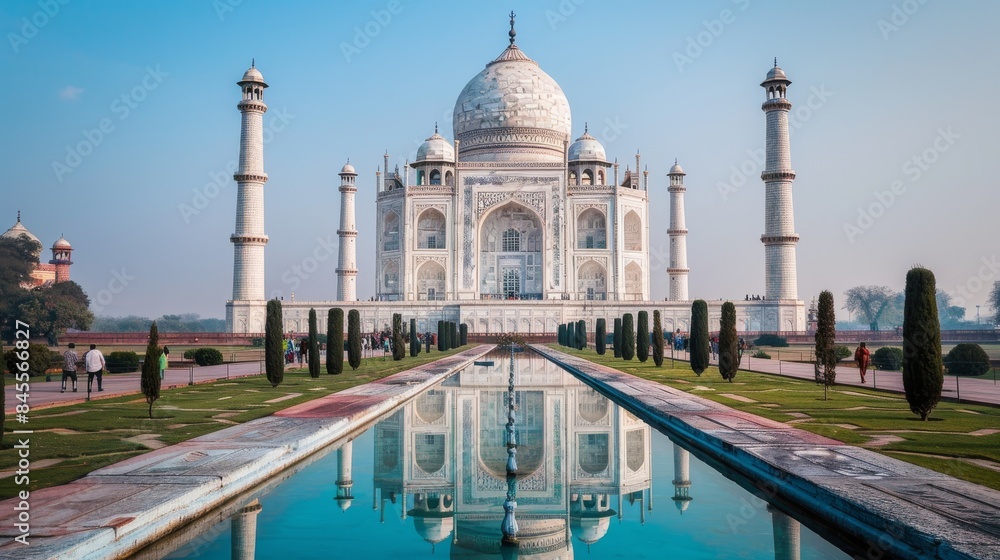 Obraz premium The Taj Mahal is a beautiful white building with a large pool in front of it. The pool is surrounded by trees and bushes, creating a serene and peaceful atmosphere