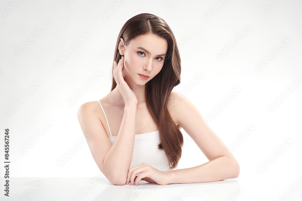 Beautiful young woman with clean fresh skin on white background, Face care, Facial treatment, Cosmetology, beauty and spa, women portrait. Beautiful young woman with clean fresh skin on white background, Face care, Facial treatment, Cosmetology, beauty and spa, women portrait.